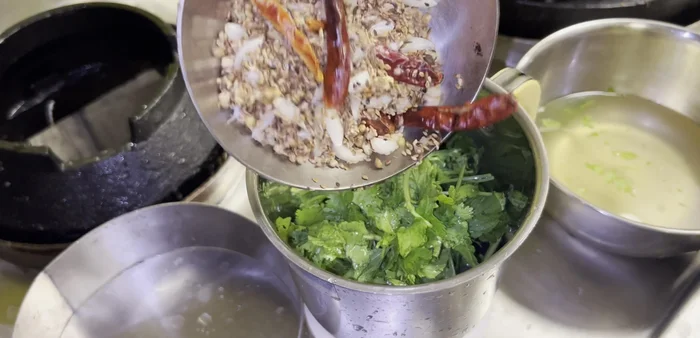 Add the roasted spices, green coriander, mint, and salt to a mixer jar.