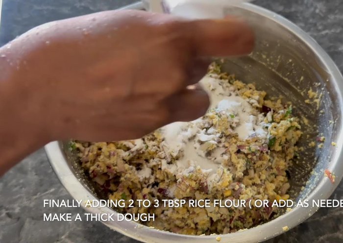 Add rice flour to bind the mixture. Add more if needed to achieve a thick, firm consistency.