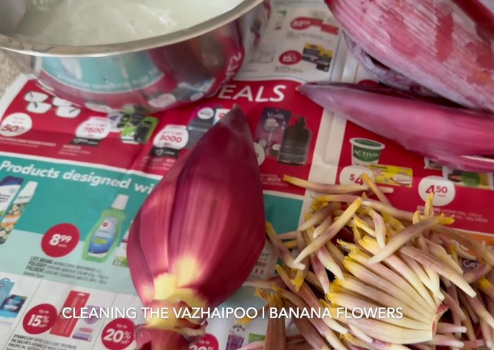 Clean the banana flower. This is the trickiest part. Remove the stamen with the bulged head and the pink petal from each florette. Soak them in buttermilk until ready to use.