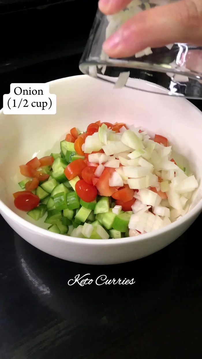 Prepare the third salad: Combine chopped cucumber, tomato, onion, bell pepper, coriander leaves, lime juice, salt, pepper, and olive oil.