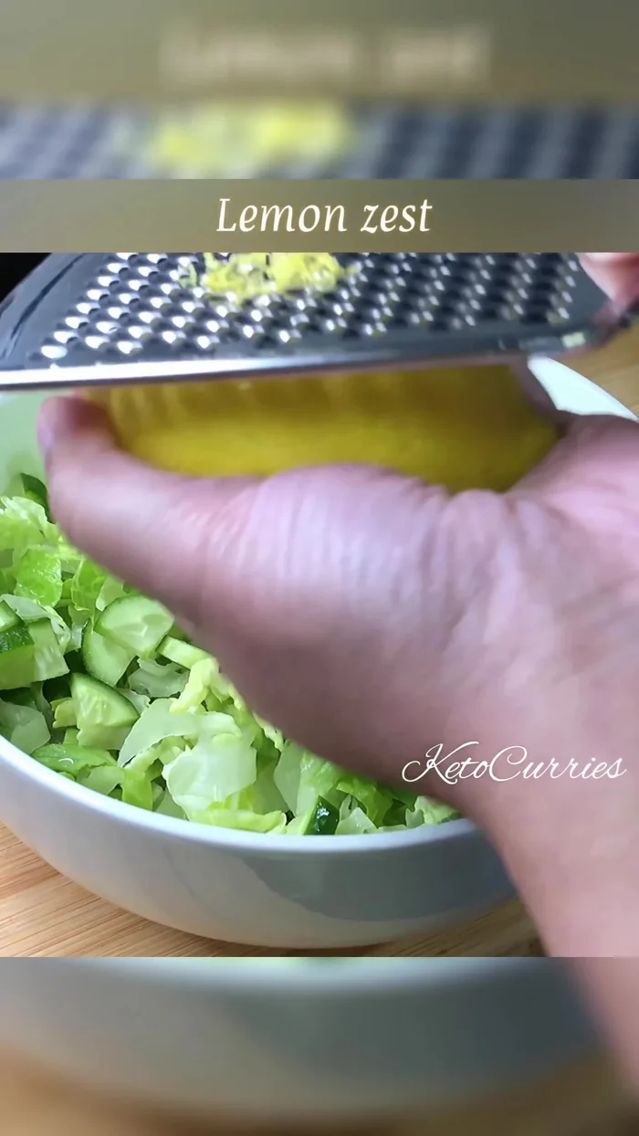 Prepare the first salad: Combine chopped romaine lettuce, cucumber, lemon zest, Parmesan cheese, lemon juice, olive oil, salt, and pepper.