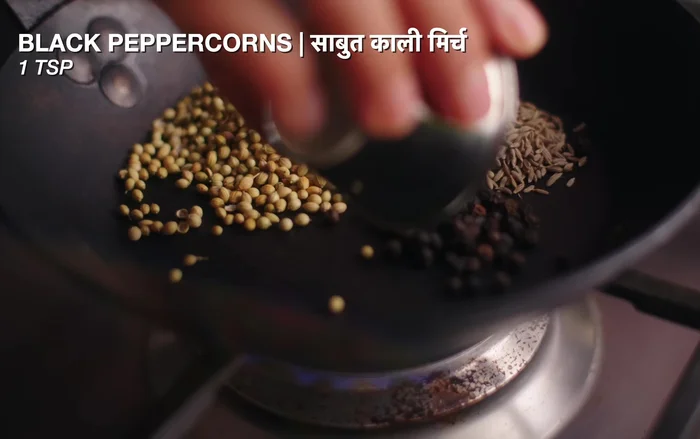 Dry roast whole coriander, cumin, black pepper, and finally poppy seeds until fragrant.