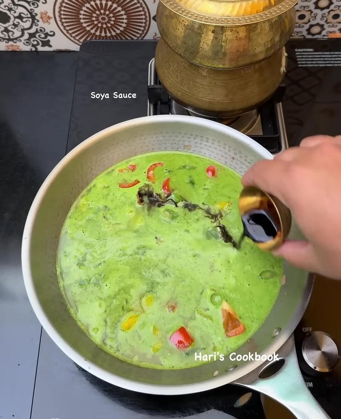 Add chili and coriander paste, salt, soy sauce, vinegar, and tomato sauce. Boil well.