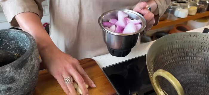 Grind onions, garlic, and ginger into a paste without adding water.