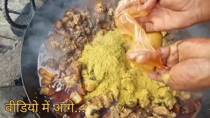 Mix the pork pieces with Kharoda, salt, pepper, and coriander powder.