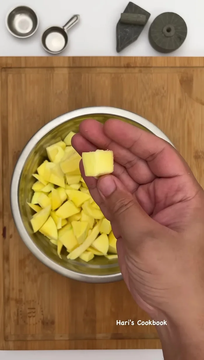 Cut three mangoes (approx. 1 cup) into small pieces to prevent wastage.